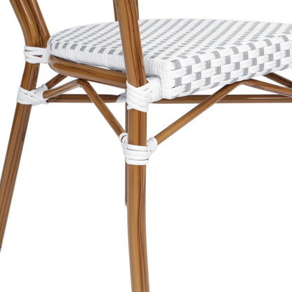 Merrick Lane Stacking Thonet French Bistro Style Chair with Arms, Black & White PE Rattan Seat, and Bamboo Finished Metal Frame for Indoor/Outdoor Use