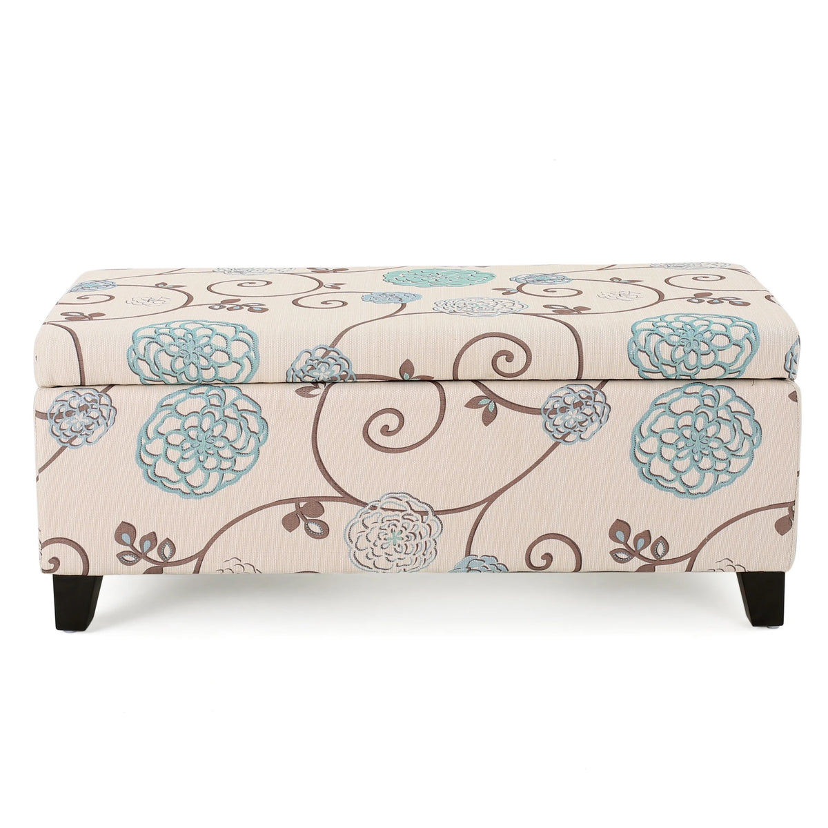 Noble House Hampton Contemporary Fabric Upholstered Storage Ottoman, White and Blue Floral