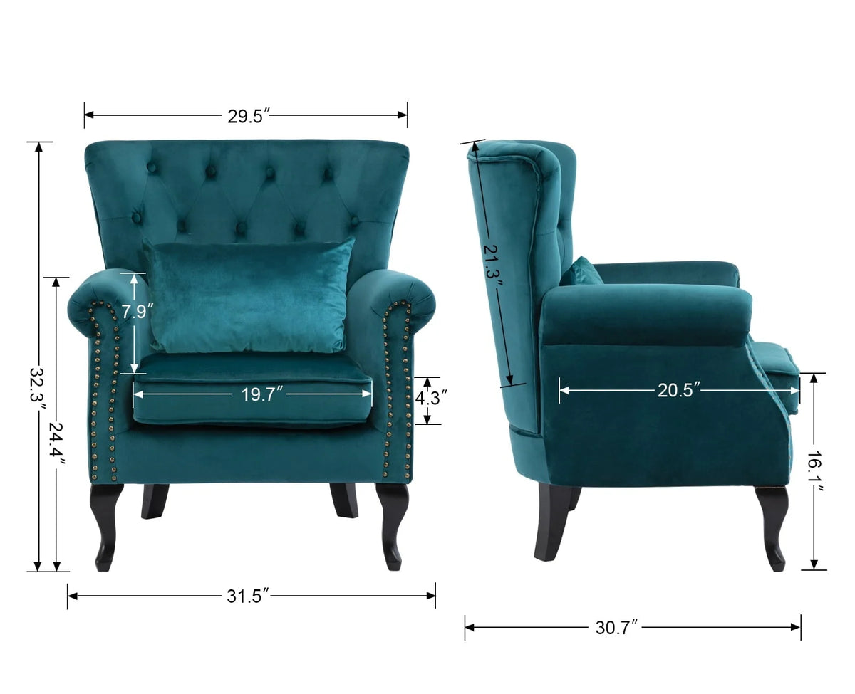 Guyou Mid Century Accent Chair Modern Button Tufted Armchair Wingback Club Chair Velvet Single Sofa Lounge Chair with Pillow for Living Room Bedroom, Teal Blue