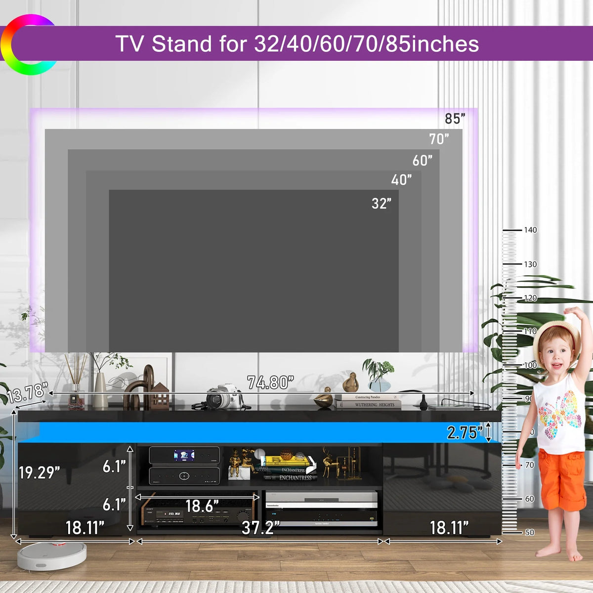 LED TV Stand for up to 85" TVs with Power Outlet, 75" Large Entertainment Center Console Table Gaming Soundbar Shelf with 2 Storage Cabinets
