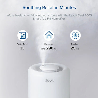 Levoit Smart Cool Mist Humidifier for Rooms, Top-Fill Humidifier for Baby with Sensor, Night Light, 3 Liter, Dual 200S, White