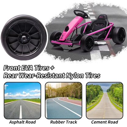 Kojooin Go Kart for Kids,24V Battery 300WX2 Motors Pedal On Foot Go Cart,8MPH High Speed Drifting Car with Slow Start Function,Rose red