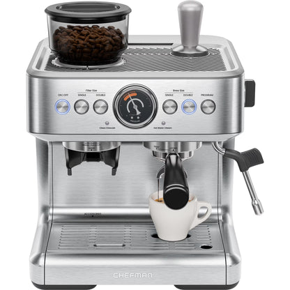 Chefman Crema Supreme Espresso Machine with Conical Burr Grinder and Steam Wand a?? Stainless Steel, New