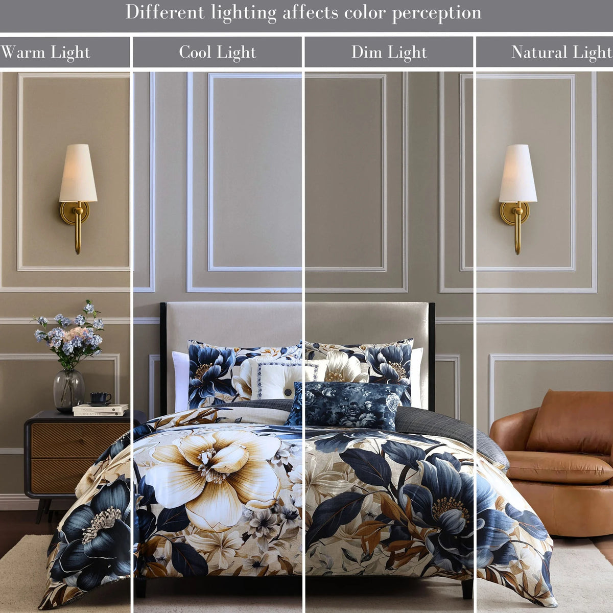 Bebejan English Manor 5 Piece Comforter Set, Queen, Blue, 220 Thread Count, 100% Cotton Sateen, Reversible