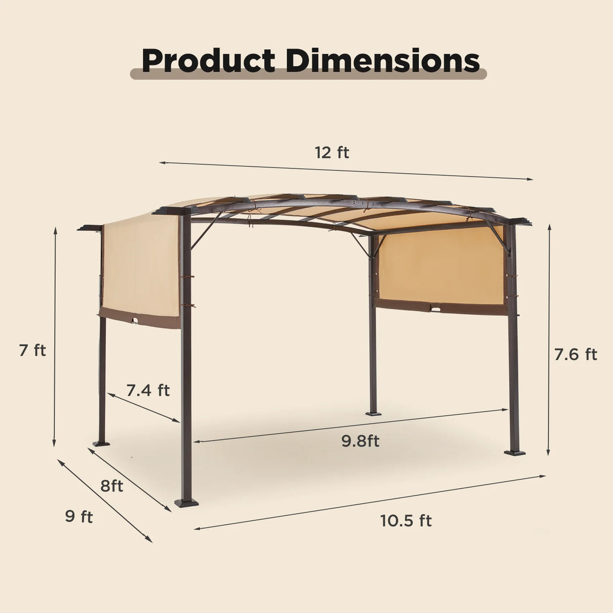 AECOJOY 12�?X 9�?Outdoor Retractable Steel Pergola Canopy with Adjustable Shade-Beige