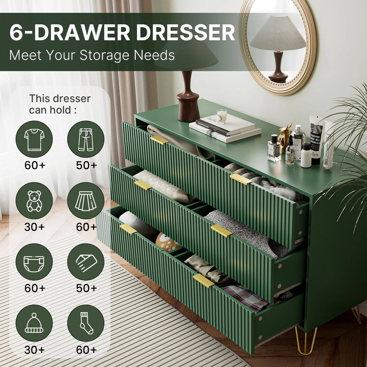 FURNIWAY White 6 Drawer Dresser for Bedroom, Modern Dresser with Gold Metal Handles,Fluted Wood TV Stand for Living Room, Hallway