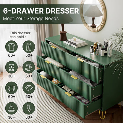FURNIWAY White 6 Drawer Dresser for Bedroom, Modern Dresser with Gold Metal Handles,Fluted Wood TV Stand for Living Room, Hallway