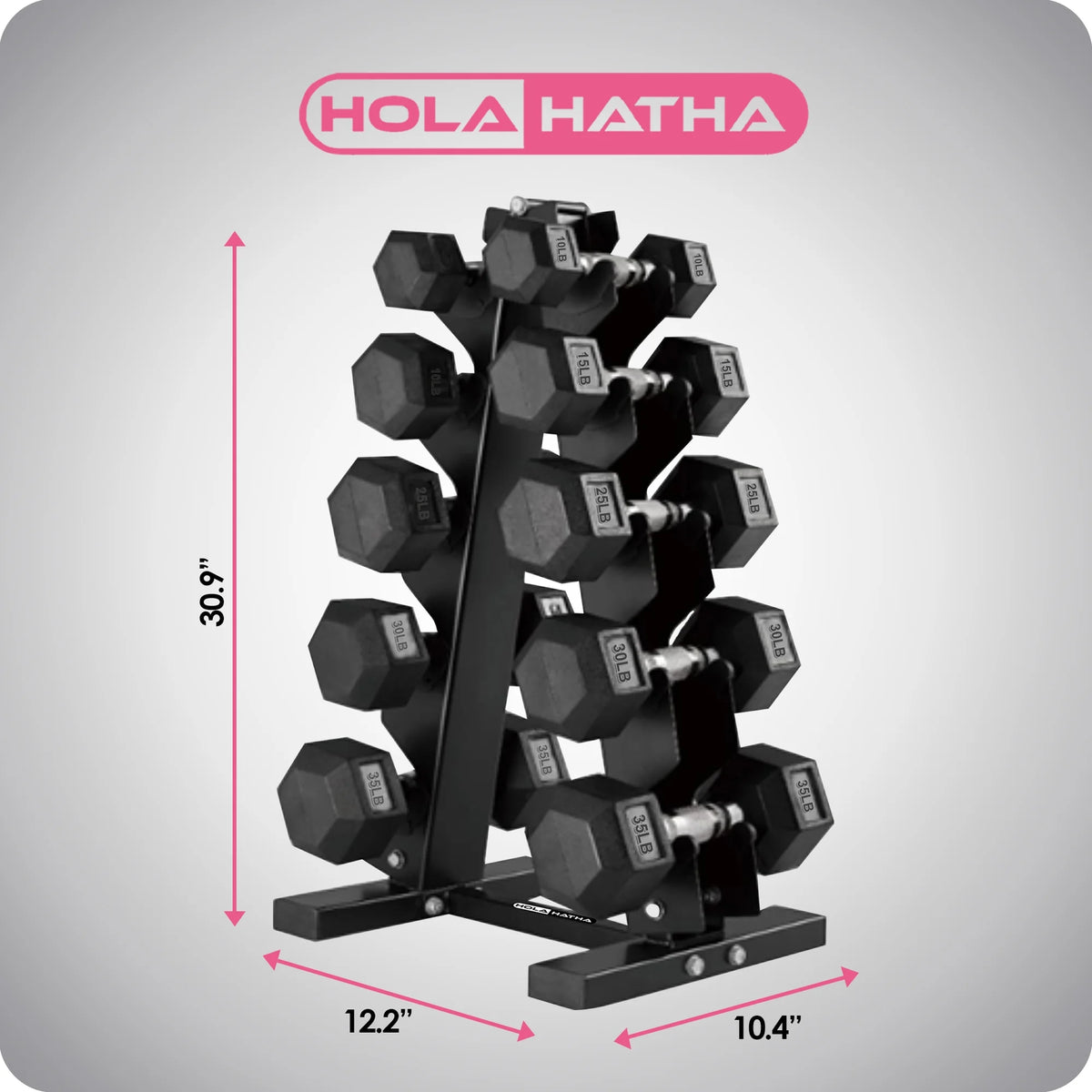 HolaHatha 10, 15, 25, 30, & 35 Pound Hexagonal Dumbbell Weight Set w/Rack
