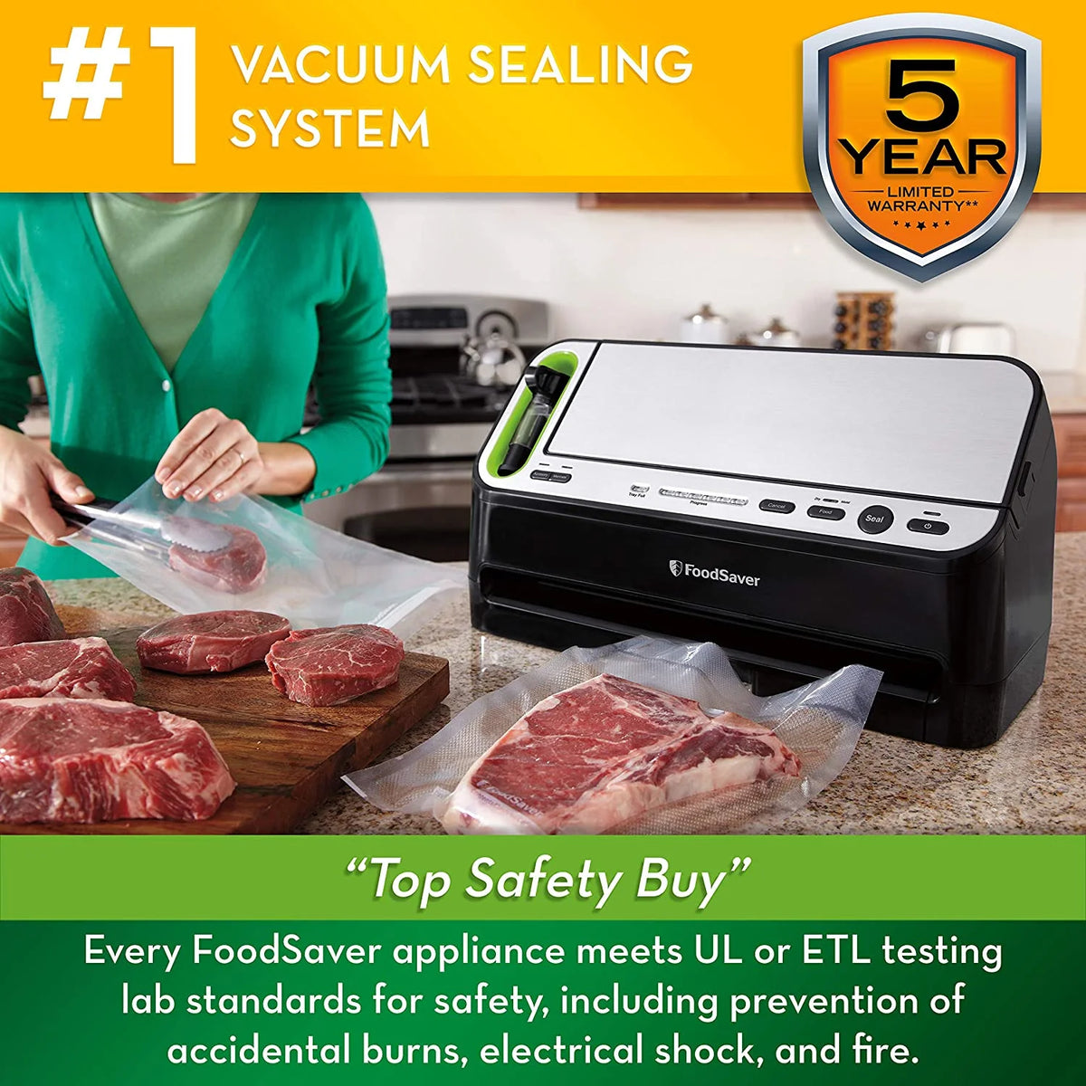 Foodsaver V4400 2-in-1 Vacuum Sealer Machine with Automatic Bag Detection and Starter Kit | Safety Certified | Black and Silver