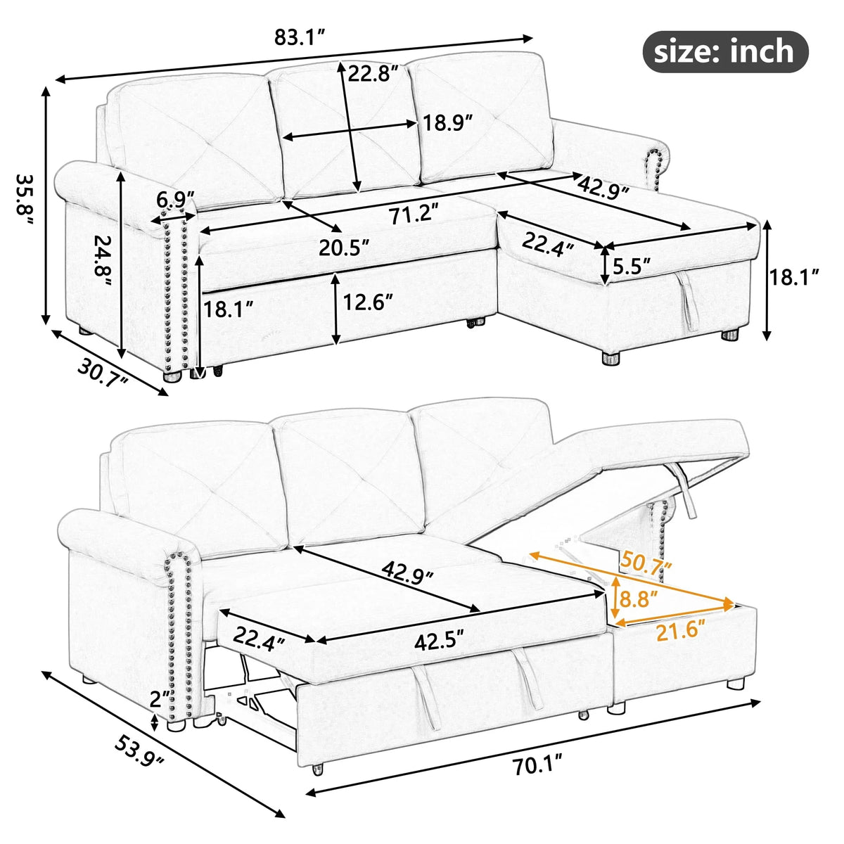Euroco 83" L Shaped Sofa Bed Modern Convertible Sleeper Sofa Bed with Storage Chaise, Gray