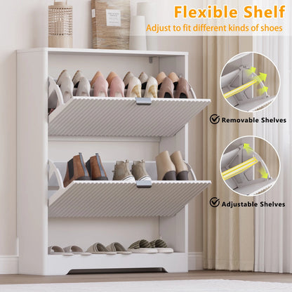 FANRAL Shoe Cabinet with 2 Flip Drawers & Open Storage,Fluted Shoe Storage Cabinet Rack Organizer with Adjustable Shelves for Entryway,Closet,Hallway,White