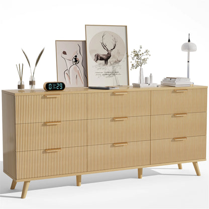 Yeahumalia Boho Fluted 9 Drawers Dresser, Wooden Chests of Drawers for Bedroom, Living Room, Entryway, Nature Wood Color