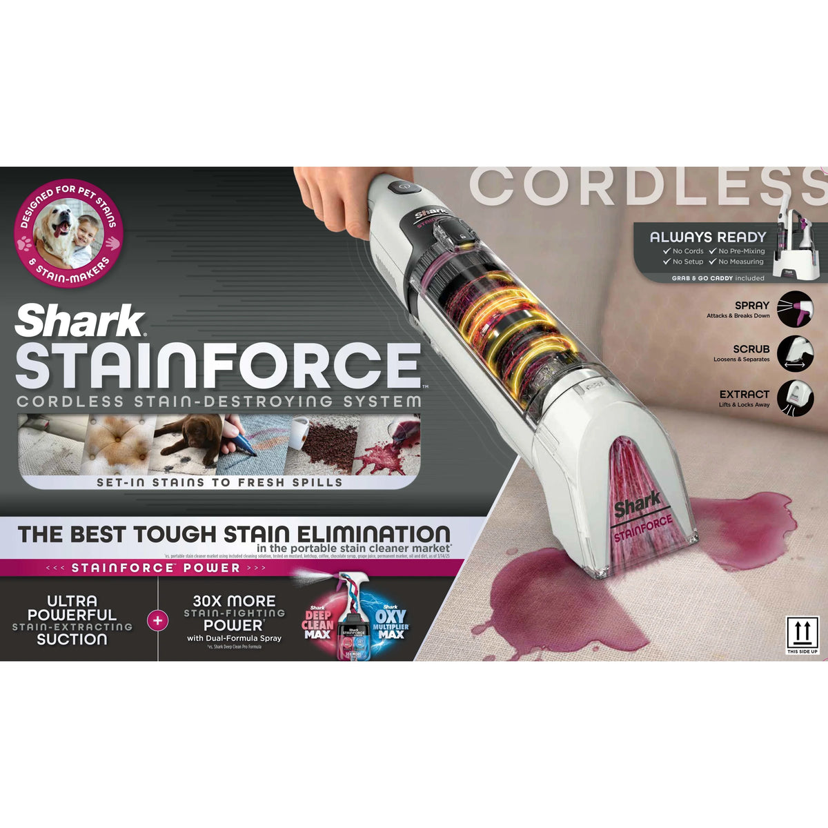 Shark StainForce Cordless Portable Spot, Stain, & Odor Remover System for Carpets, Area Rugs, Upholstery, Stairs, Cars, with Storage Caddy, and Full-Size Cleaning Solution, White, HX100