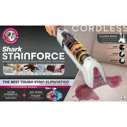 Shark StainForce Cordless Portable Spot, Stain, & Odor Remover System for Carpets, Area Rugs, Upholstery, Stairs, Cars, with Storage Caddy, and Full-Size Cleaning Solution, White, HX100