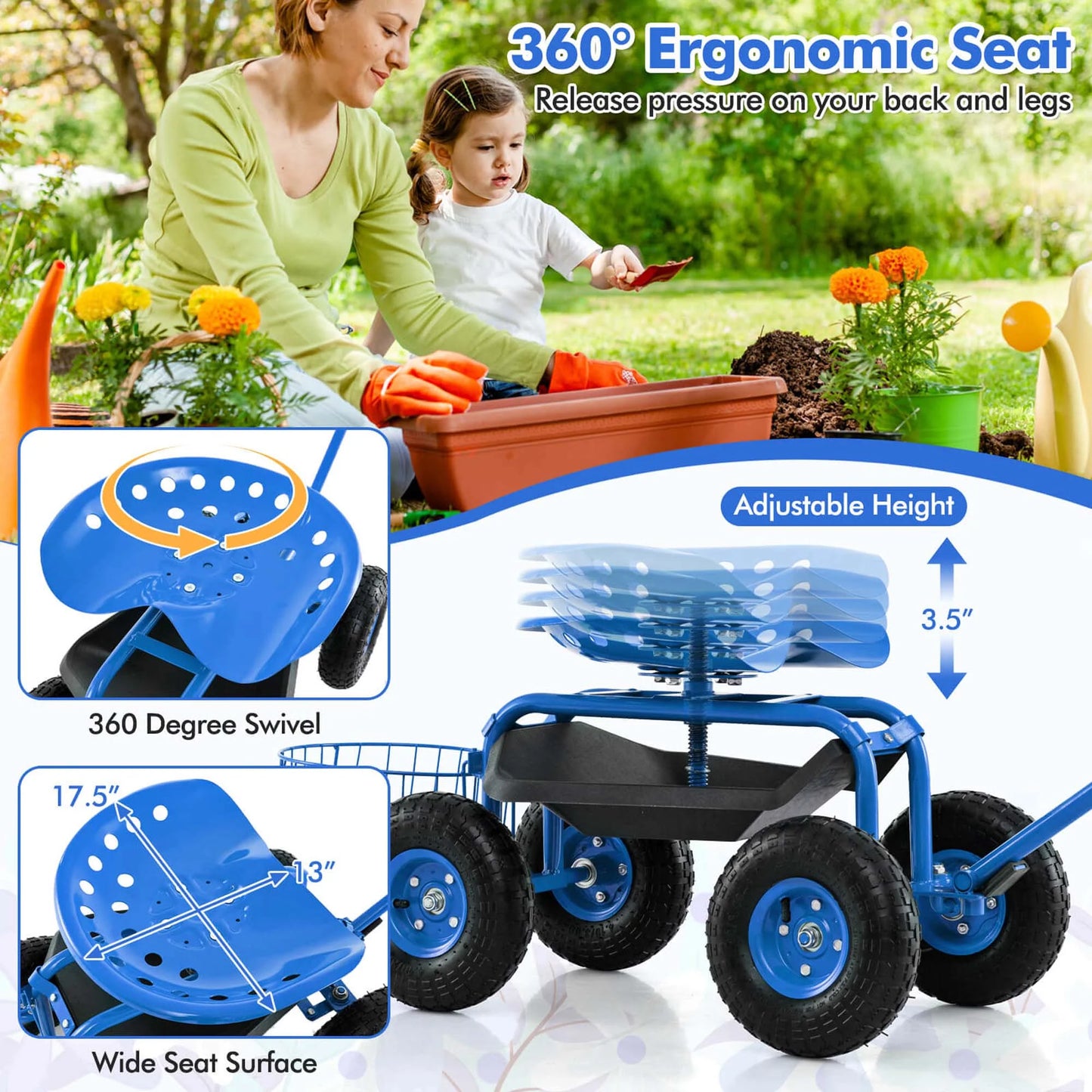 Costway Garden Cart Rolling Work Seat for Planting with Extendable Handle Green