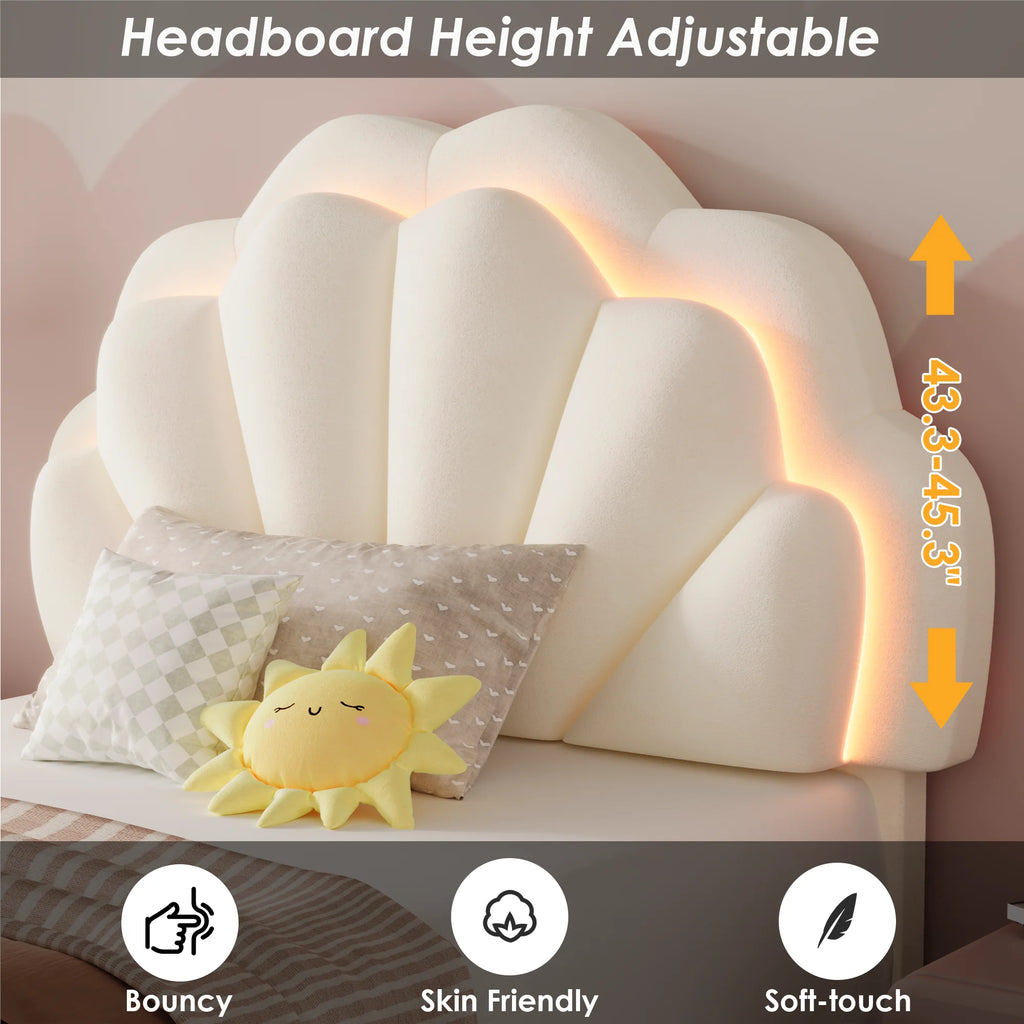 Homfa Twin Bed Frame with Storage & LED Light, Velvet Upholstered Platform Twin Bed with Adjustable Petal Headboard, Beige