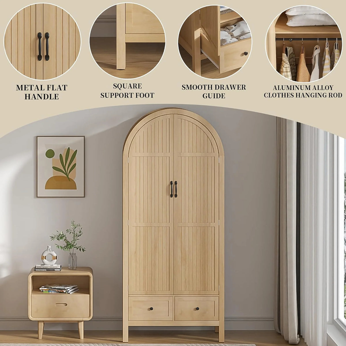 Oubayajia Arched Armoire Wardrobe Closet with Fluted Doors, Wooden Wardrobe Closet with Drawers, Shelves and Hanging Rod for Bedroom