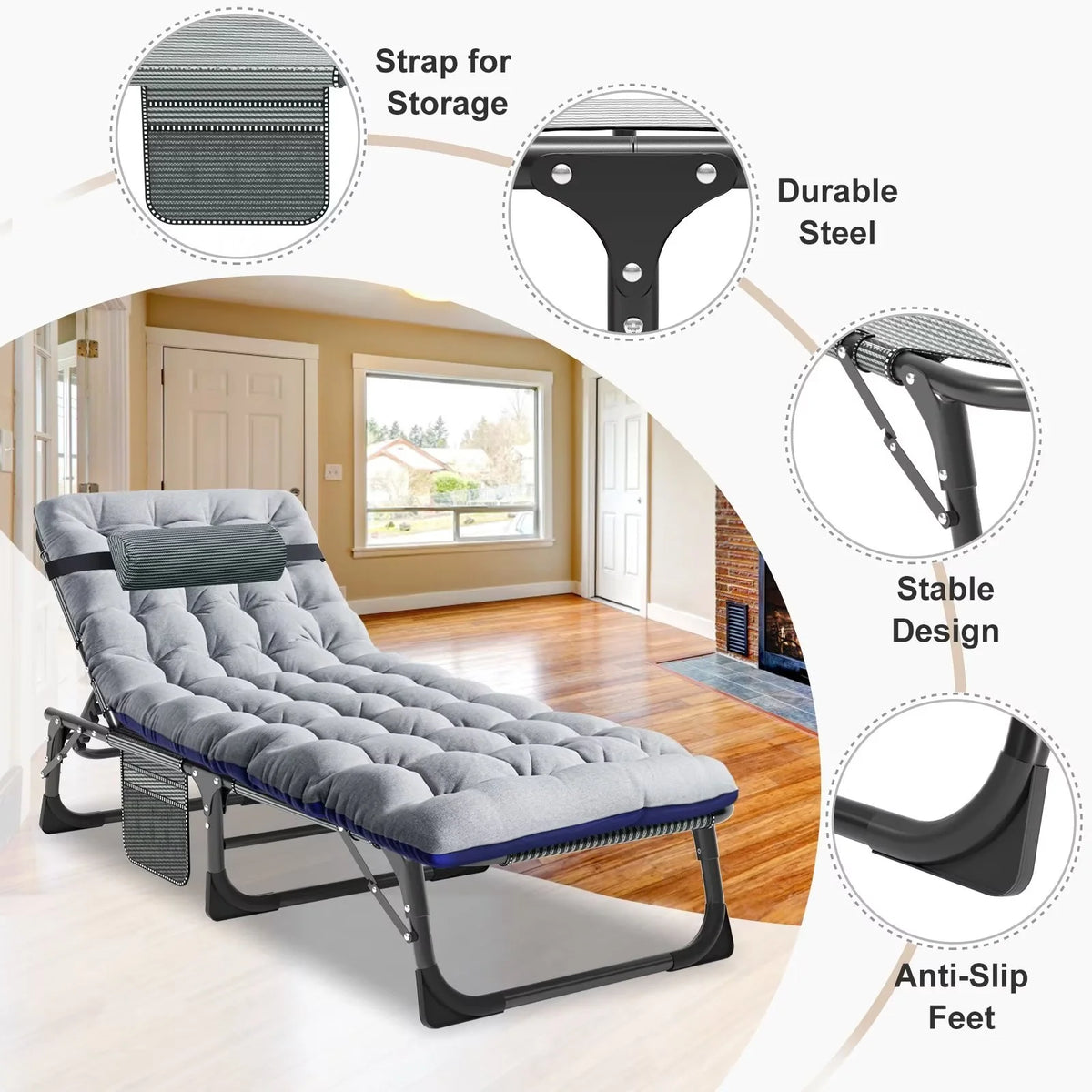 MOPHOTO Lounge Chair with Mattress, Outdoor Chaise Lounge Support 440 Lbs, Adjustable Portable Heavy Duty Sleeping Cots Bed for Camping, Pool, Beach, Patio