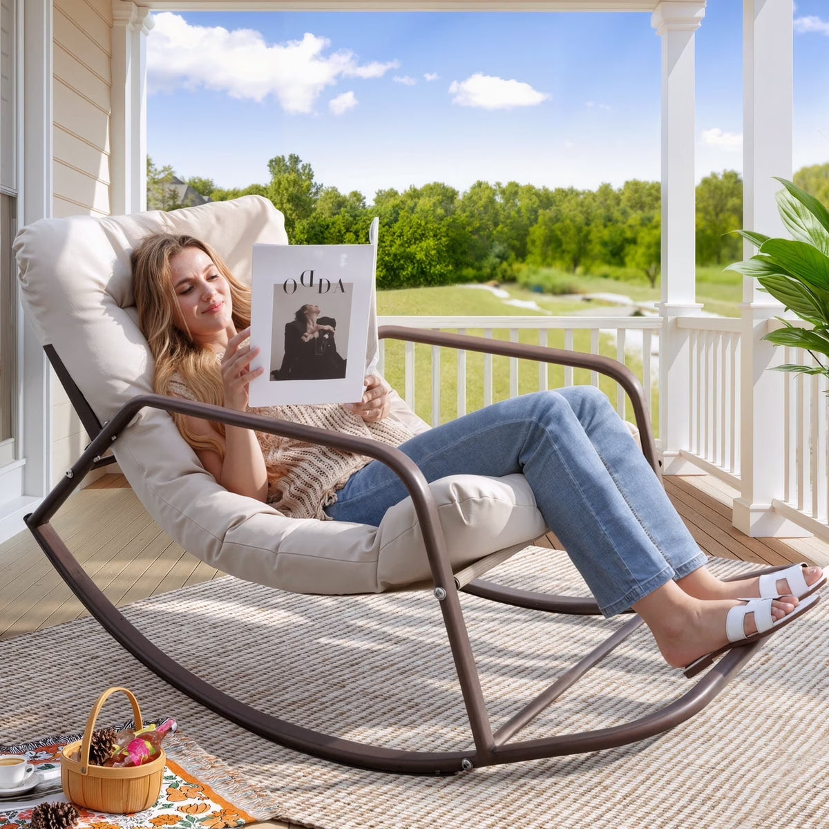 RADIATA Oversized Rocking Chair with Footrest, RADIATA Patio Papasan Rocking Recliner for Indoor Outdoor Use, Heavy Duty Wicker Lounge Chair, 450lbs, Beige