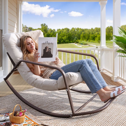 RADIATA Oversized Rocking Chair with Footrest, RADIATA Patio Papasan Rocking Recliner for Indoor Outdoor Use, Heavy Duty Wicker Lounge Chair, 450lbs, Beige