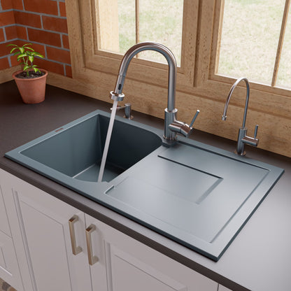 ALFI brand AB1620DI-BLA Black 34" Single Bowl Granite Composite Kitchen Sink with Drainboard