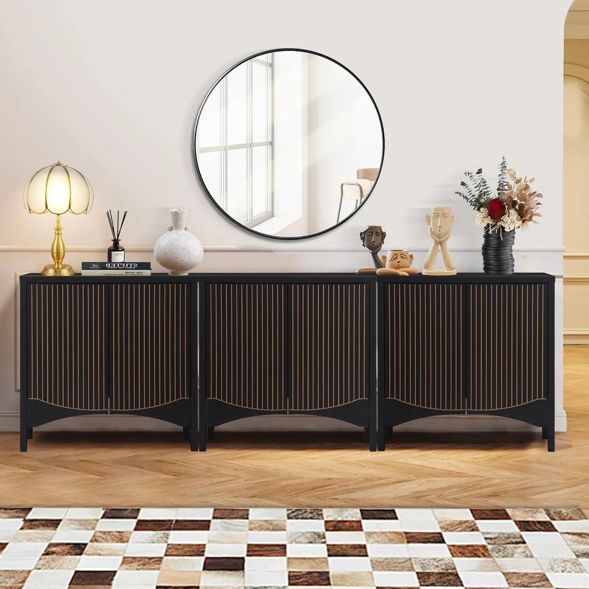 LEFHDA 2PCS Buffet Cabinet, Sideboard Cabinet with Storage, Accent Storage Cabinet with Carved Arc Door Design for Kitchen Dining Room, 2 Doors Buffet Cabinet with Adjustable Shelves