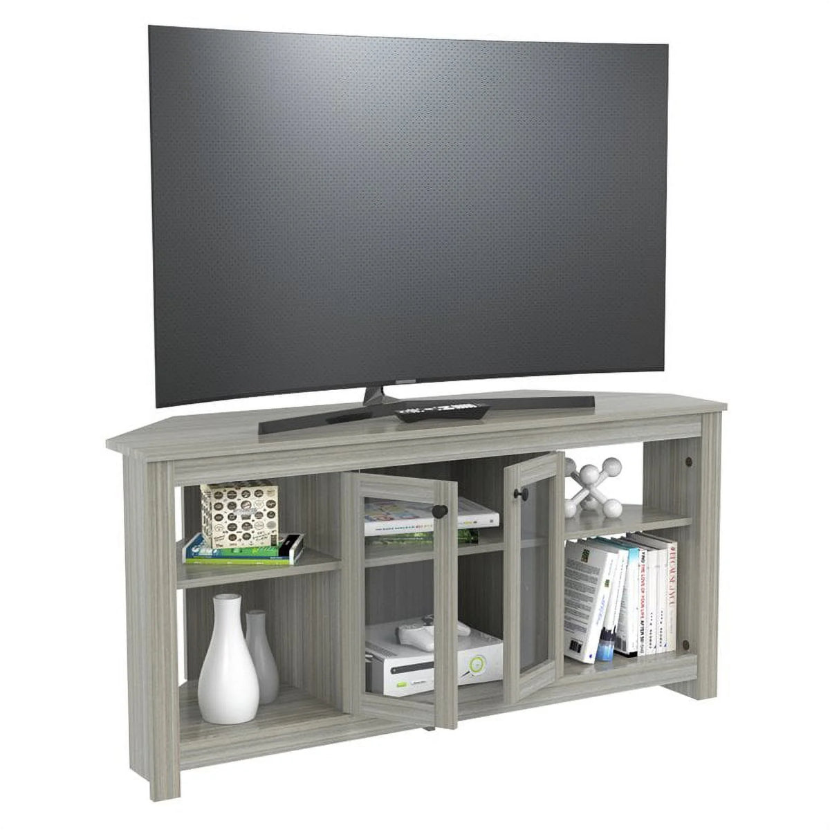 Inval Corner Laminate 60�� TV Stand with Glass Doors, White