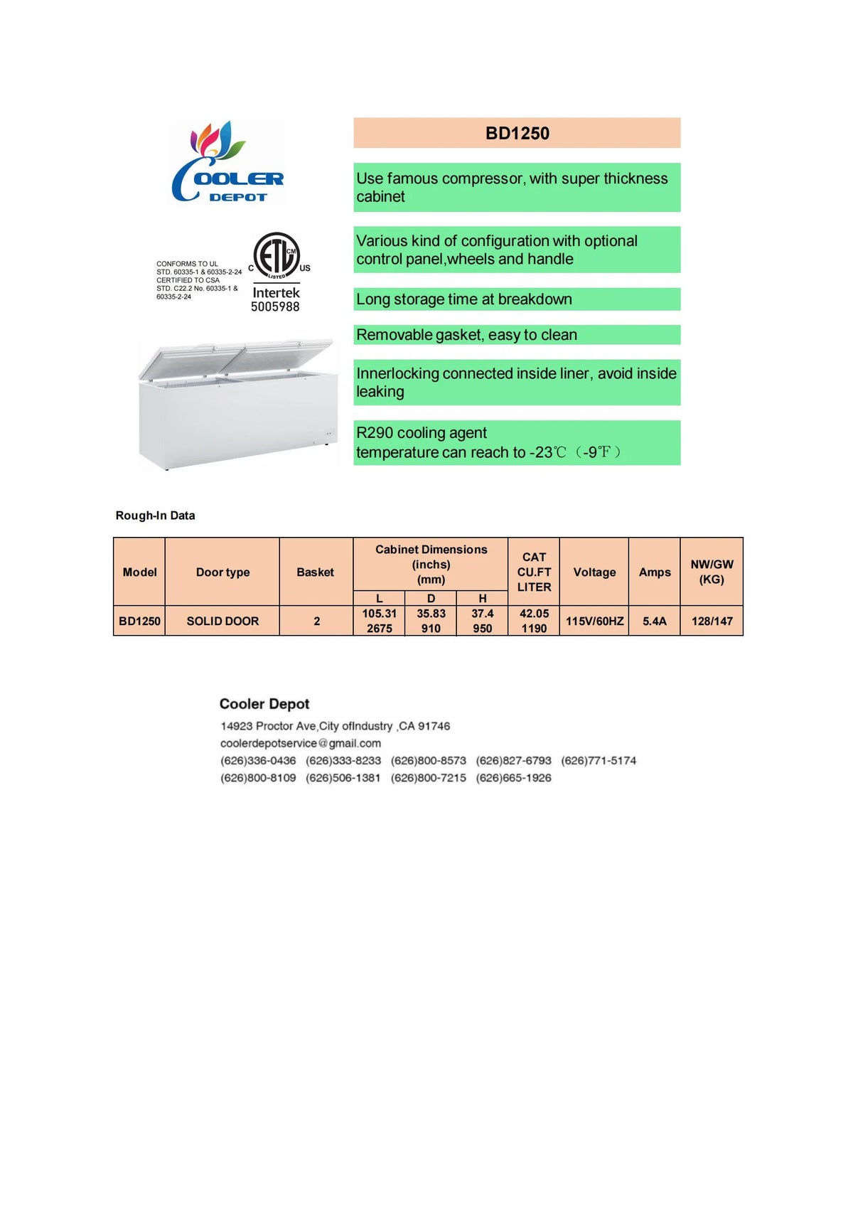 Cooler Depot 105 In. 42 Cu.ft Chest Freezer BD1250 NSF ETL Certified