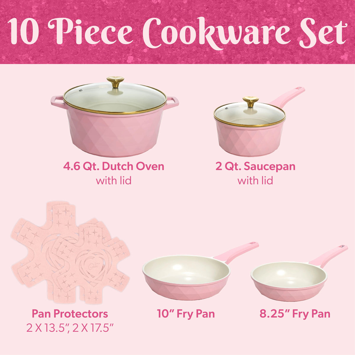 Paris Hilton 10-Piece Ceramic Nonstick Cast Aluminum Cookware Set, Clean Ceramic? Coating, Faceted Pink Design