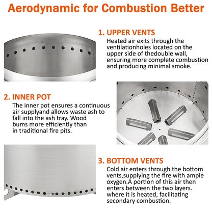 27 Inch Smokeless Fire Pit for Outdoor Wood Burning, Portable Stainless Steel Camping Stove with Stand, Unique Removable Ash Pan Design, H: 11.5 in, 26.9 lbs - Ideal for Camping