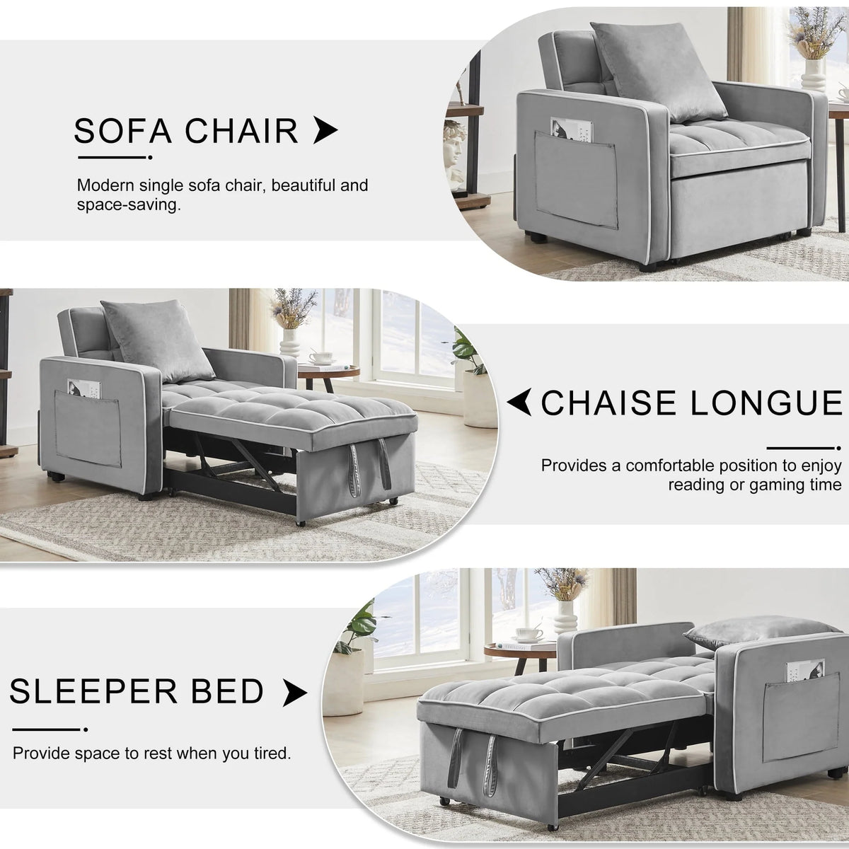 Muumblus Sleeper Sofa Chair Bed, 3-in-1 Convertible Sofa Chair with Pull Out Bed, Modern Adult Velvet Pull Out Sofa Bed for Living Room Apartment Small, Gray