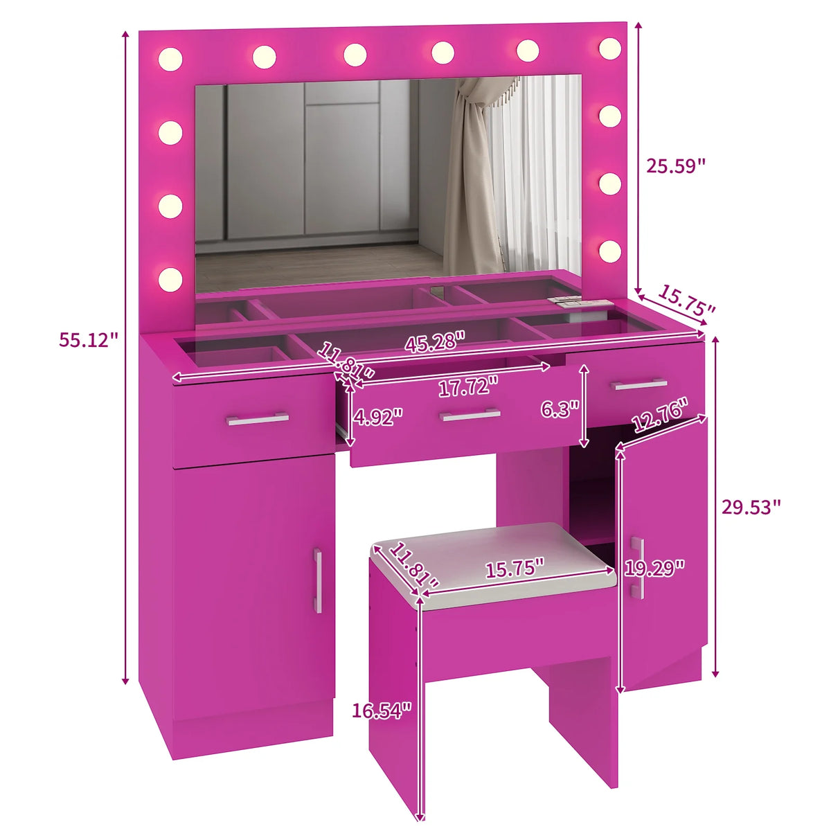 Ktaxon Large Makeup Vanity, Vanity Table Set w/ Visible Glass Top w/ Charging Station, White