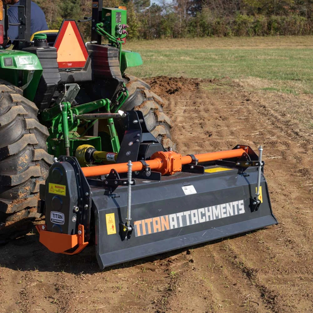 Titan Attachments 72n PTO Driven Rotary Tiller, Category 1, 3 Point Hitch, Single Speed Gear Drive, L-Shaped Tines Work 5in Deep