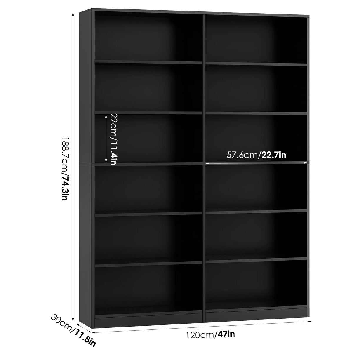 Homfa 74.3�� Double Wide 6-Tier Bookcase, Extra Large Wooden Freestanding Display Bookshelf for Home Office Living Room, White