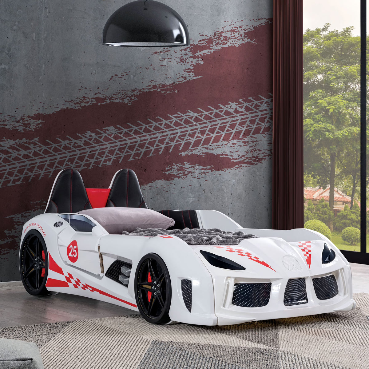 Furniture of America Dash Kids Plastic Twin Race Car Bed with LED and Sound, White
