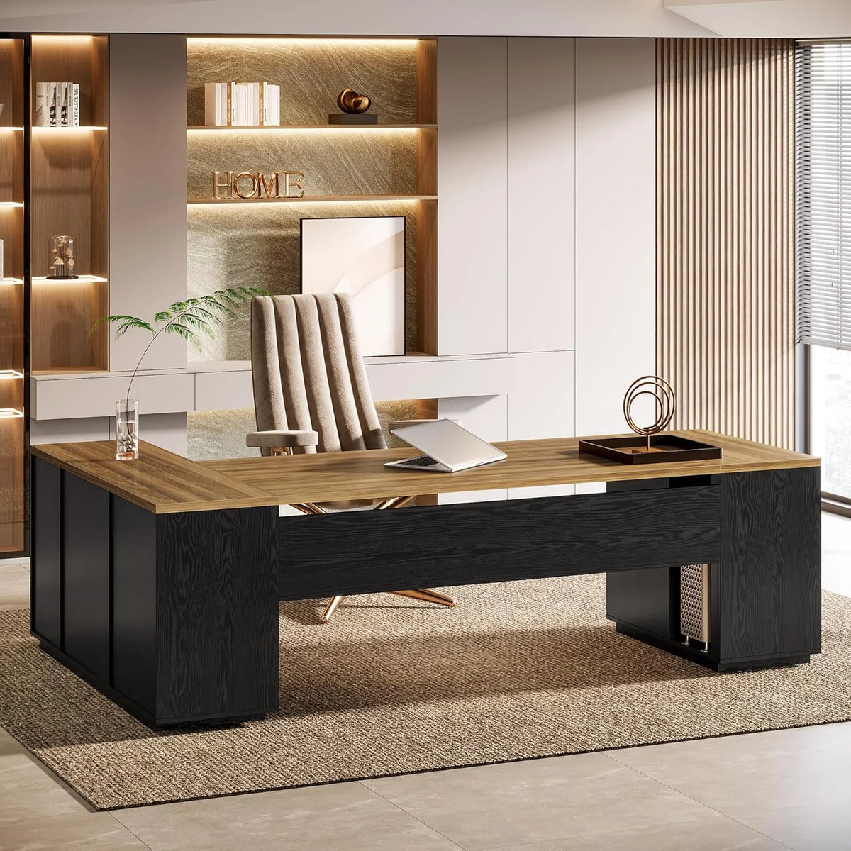Tribesigns 85.8" L-Shaped Executive Desk, Extra Large Office Desk with File Drawers, Modern Business Furniture with Door Cabinet, Shelves for Home Office, White & Brown