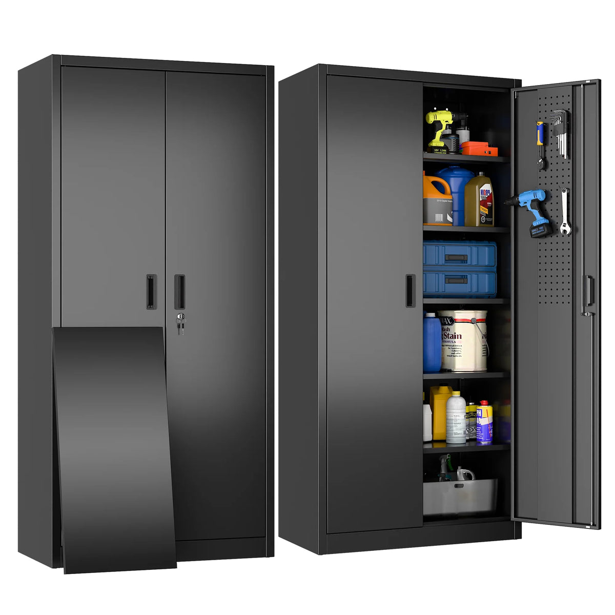 GANGMEI 72 Inches Tall Metal Garage Storage Cabinets with 5 Adjustable Shelves, Lockable Steel Black Storage Cabinet with Doors for Office, Home, School, Shops, Garage, Assembly required