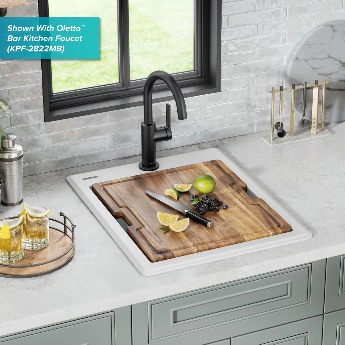 KRAUS Bellucci 18 Granite Composite Workstation Drop-In Top Mount Single Bowl Kitchen Bar Sink in White with Accessories