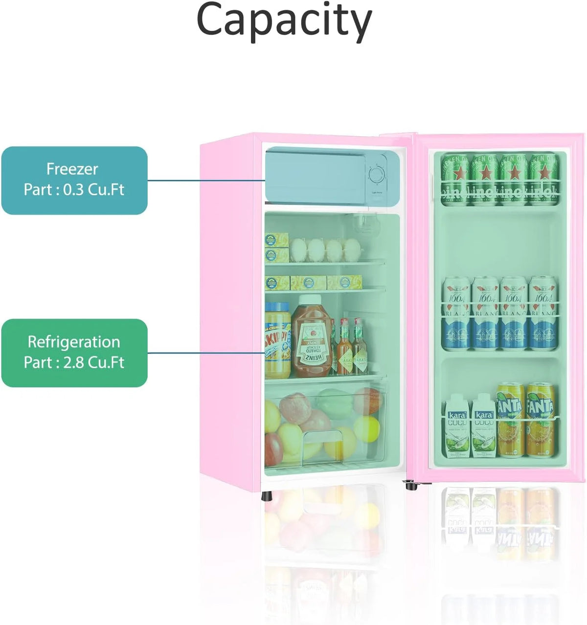 Kcpolre 3.1 Cu.Ft Mini Fridge with Freezer, Adjustable Thermostat, Removable Glass Shelves & Fruit Basket for Dorm Room, Office, Bedroom, Pink
