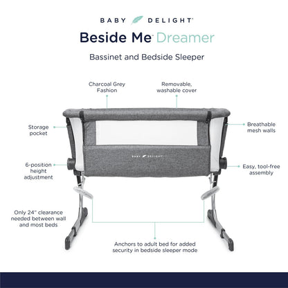 Baby Delight Beside Me Dreamer Bassinet &amp; Bedside Sleeper. Charcoal Tweed. Ages 0-5 Months (Unisex)