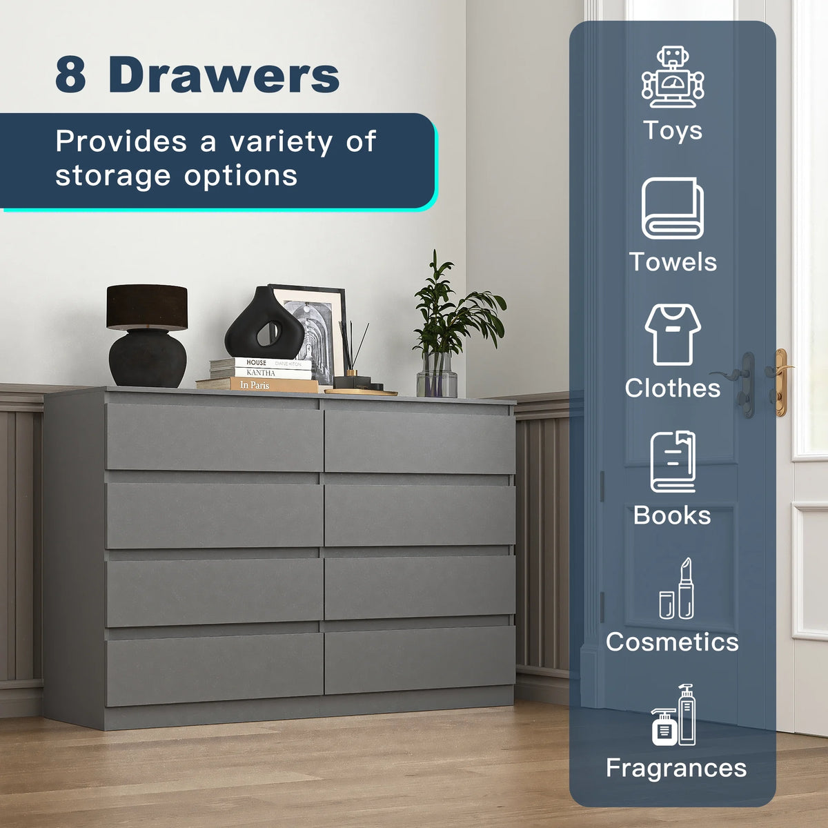 Resenkos Modern Mid Century 6 Drawer Wide Dressers Chests for Bedroom, Chest of Drawer Organizer Grey