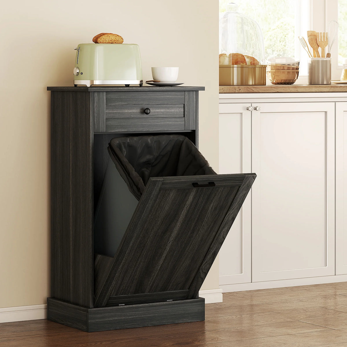 HOMCOM Kitchen Tilt Out Trash Bin Cabinet, Free Standing Recycling Cabinet