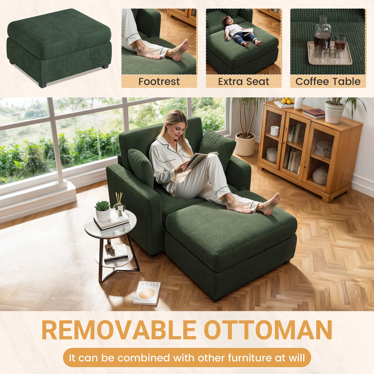 LUMIHO Chaise Lounge Chair Indoor, 42" Sleeper Chair with Two Throw Pillows and Armrests, Corduroy Chaise Couch Chair with Ottoman for Living Room, Bedroom, Apartment, Green