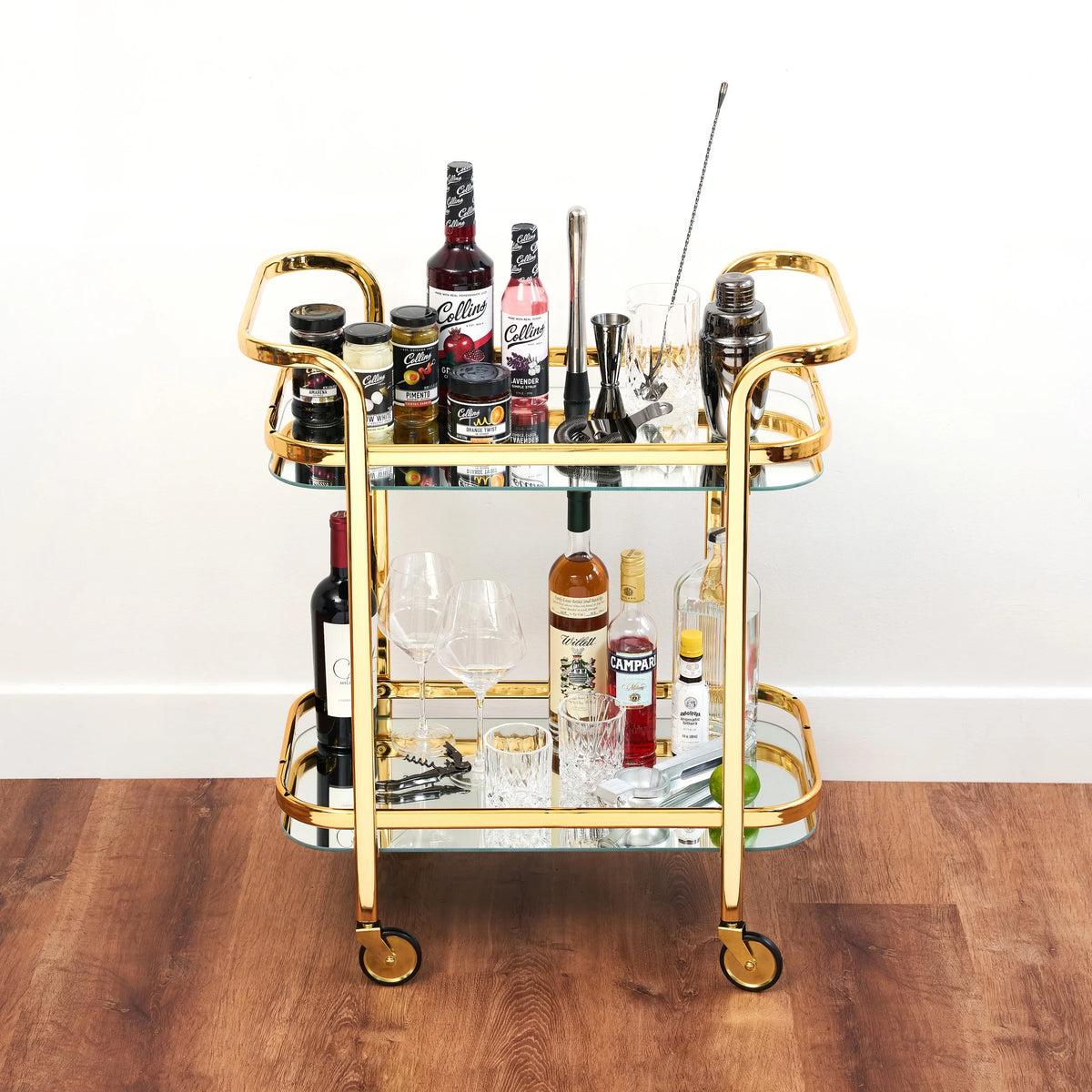 Viski Stainless Steel Bar Cart with Wheels, Mirror Shelves, Home Bar, Gold
