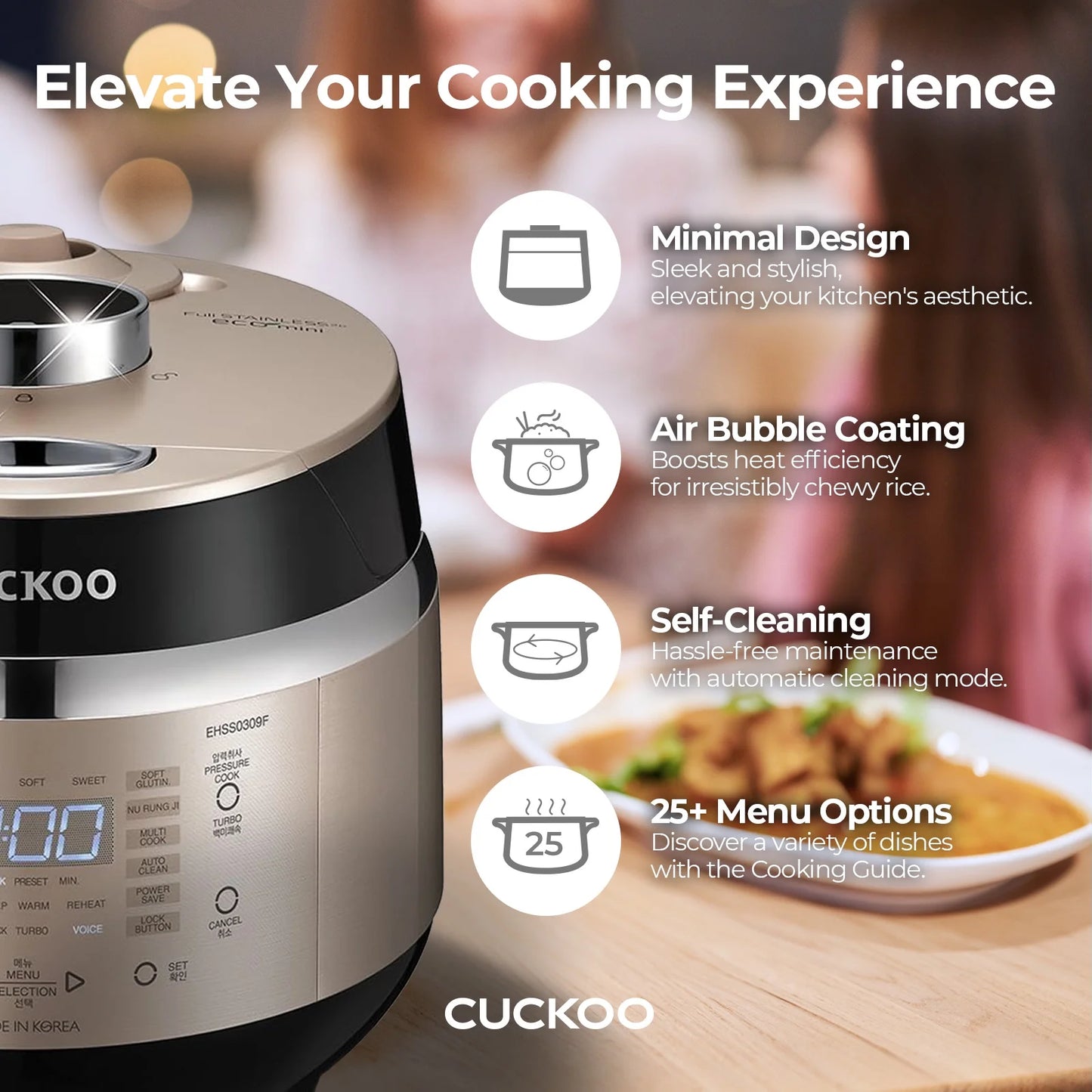 Cuckoo 3 Cup Dry Induction Heating Pressure Rice Cooker with Micom Logic Tech, Nonstick Pot, Warmer, 16 Menu Modes and Voice Guide in Gold (CRP-EHSS0309FG)