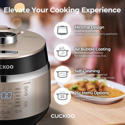 Cuckoo 3 Cup Dry Induction Heating Pressure Rice Cooker with Micom Logic Tech, Nonstick Pot, Warmer, 16 Menu Modes and Voice Guide in Gold (CRP-EHSS0309FG)