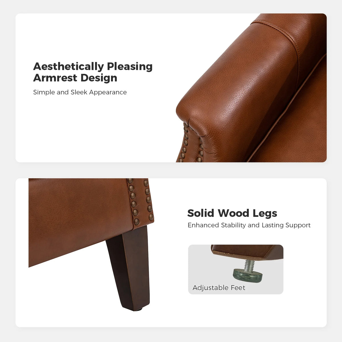 Traditional Genuine Leather Accent Chair with Nailhead Trim Tufted Armchair for Living Room Camel