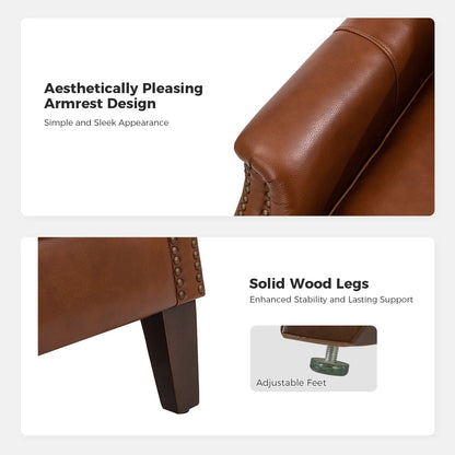 Traditional Genuine Leather Accent Chair with Nailhead Trim Tufted Armchair for Living Room Camel