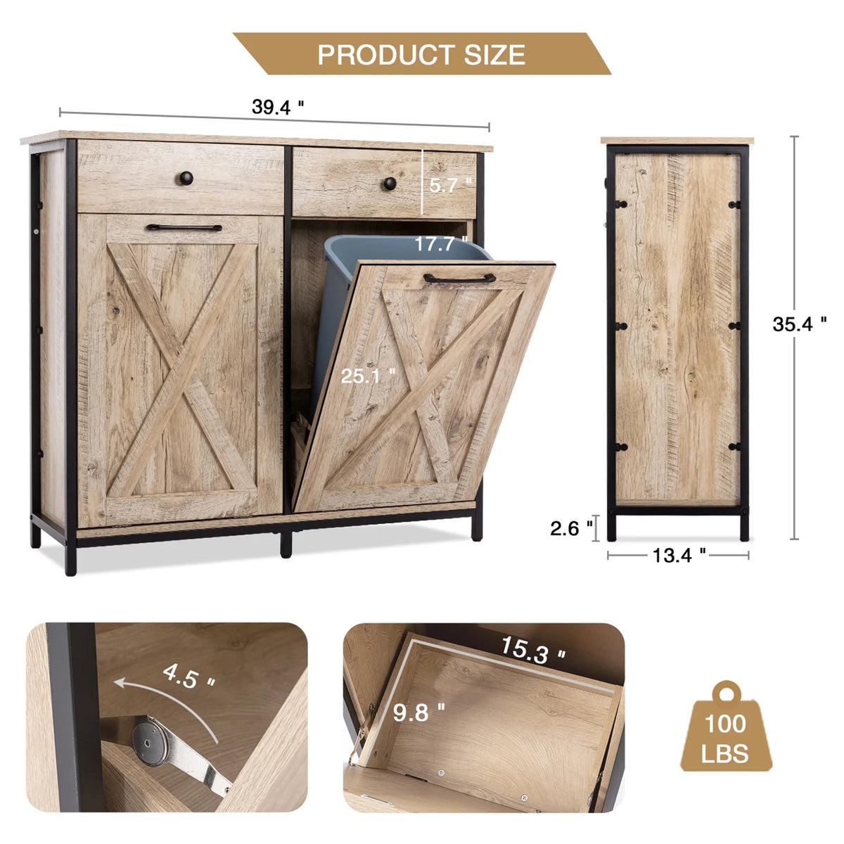 Eclife 20 Gallons Double Tilt Out Trash Cabinet Wood Tabletop, Upgrade Gray, WB010GY