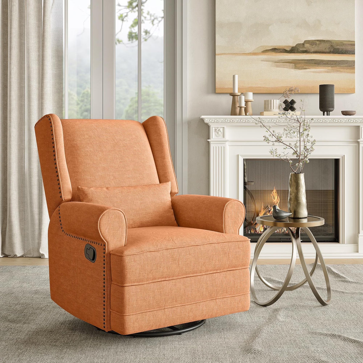 Royalcraft Swivel Nursery Glider Recliner, Comfy Upholstered Glider Chair with Lumbar Pillow and Footrest, Beige